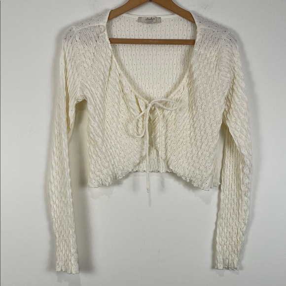 Atelier Women’s Small Textured Cream Cardigan Sweater Tie Front Crop Stretch - Picture 1 of 8